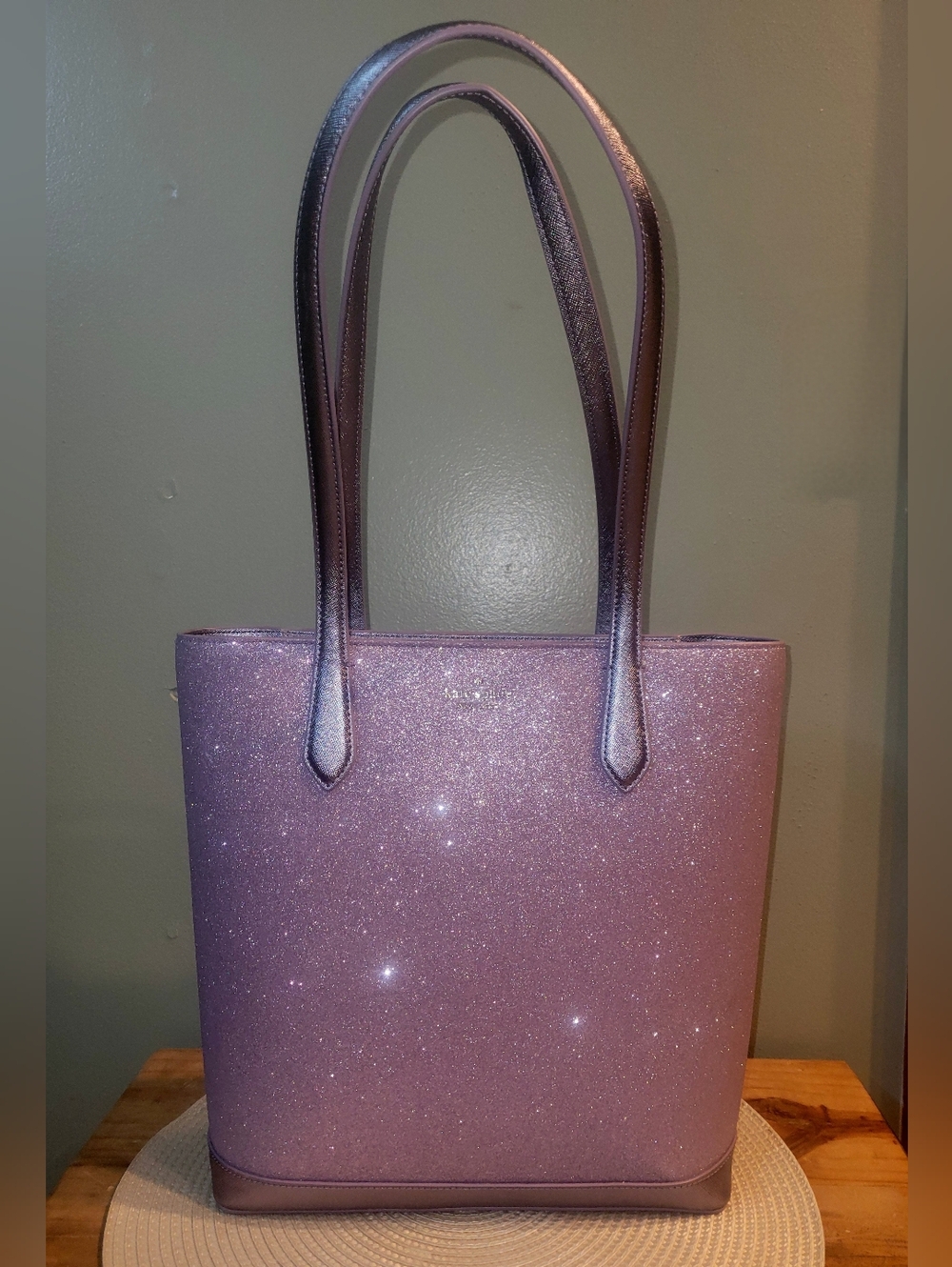 Kate Spade NY Tinsel Tote Lilac Frost Glitter Yellow Butterfly Scarf Incuded EUC - Picture 2 of 11
